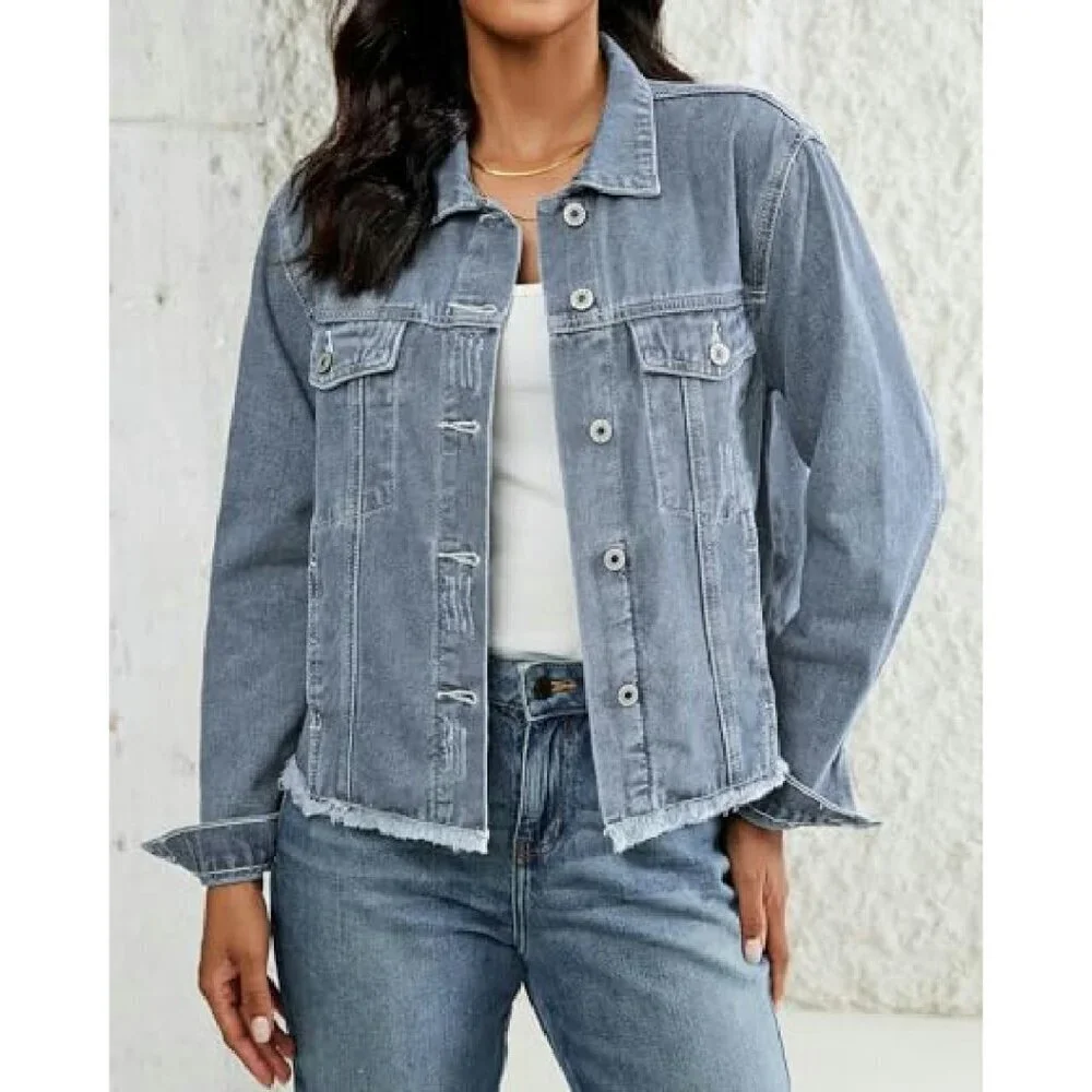 Distressed Denim Jacket Women's Long Sleeve Frayed Hem Trucker